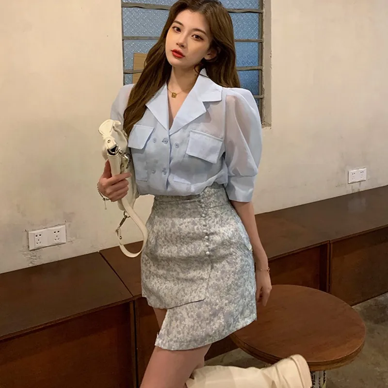 2021 summer Women Sets short Sleeve Solid Shirts +Irregular Mini Skirts Females 2 Piece Sets OL Slim Sexy Korean Style 
2021 summer Women Sets short Sleeve Solid Shirts +Irregular Mini Skirts Females 2 Piece Sets OL Slim Sexy Korean Style