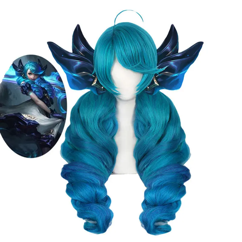 

New 2021 LoL Gwen Cosplay Wig LoL Cosplay Gradient Blue Long Ponytails Game Wig Halloween Synthetic Hair Heat Resistant