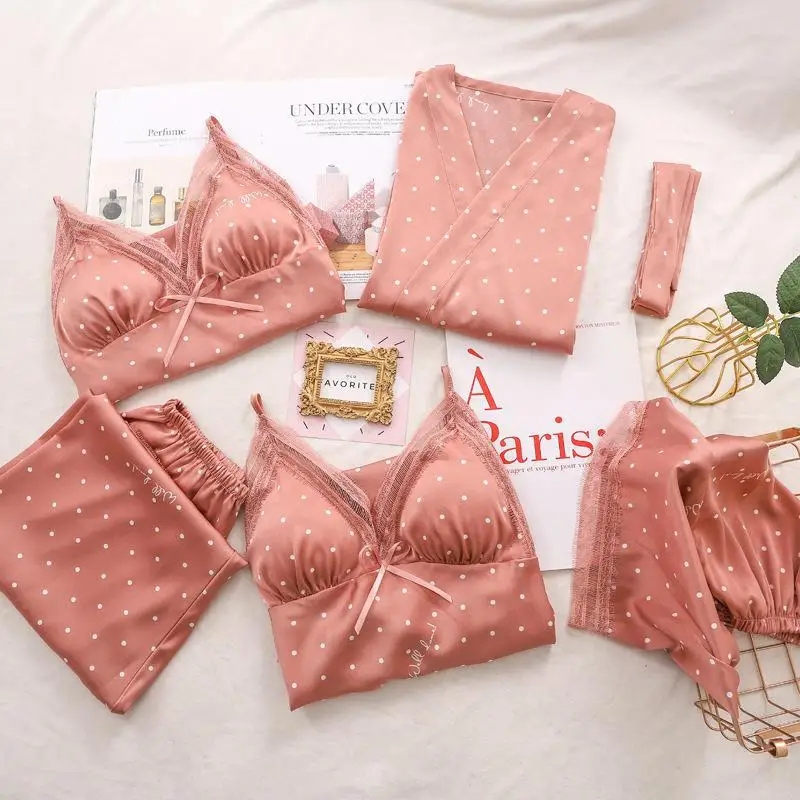 Printed Pajamas Suit Satin Pink Sleep Set Nightwear Spring Autumn New Sleepwear Intimate Lingerie Casual 5PCS Home Clothing
Printed Pajamas Suit Satin Pink Sleep Set Nightwear Spring Autumn New Sleepwear Intimate Lingerie Casual 5PCS Home Clothing