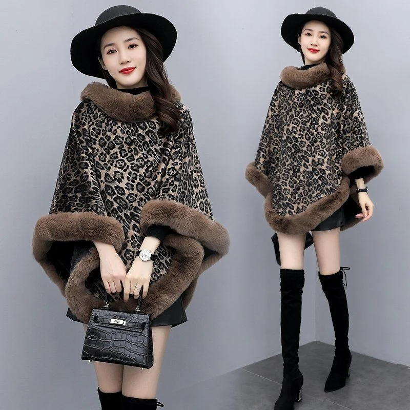 

Cape Shawl Women Tops Imitation Fur Leopard Print Thick Warm Cloak Coat Autumn Winter Clothing Fashion Gothic Grid Poncho Mujer