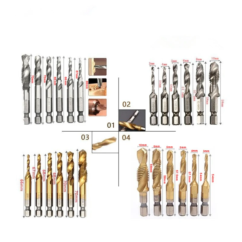 Composite Taps 6 Piece Metric Combination M3-M10 1/4" Hex Shank Drill Tapping And Chamfering Integrated Screw Tap Drill Bit
Composite Taps 6 Piece Metric Combination M3-M10 1/4" Hex Shank Drill Tapping And Chamfering Integrated Screw Tap Drill Bit