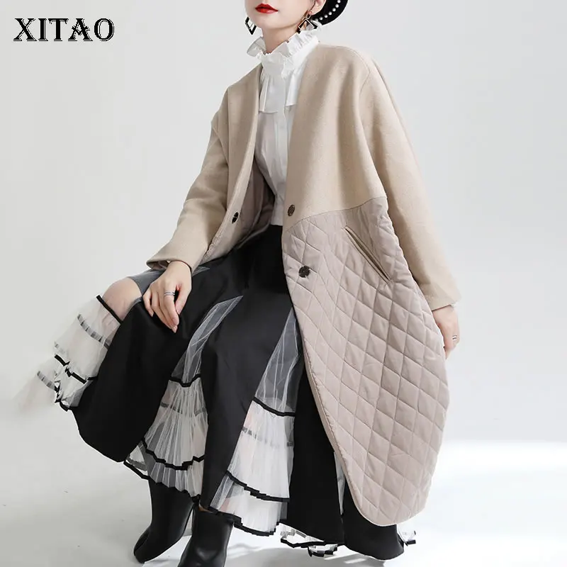 

XITAO New Splicing Blends Solid Color Simplicity Temperament V-neck Collar Women Keep Warm Coat 2021 Winter New All-match JL0125