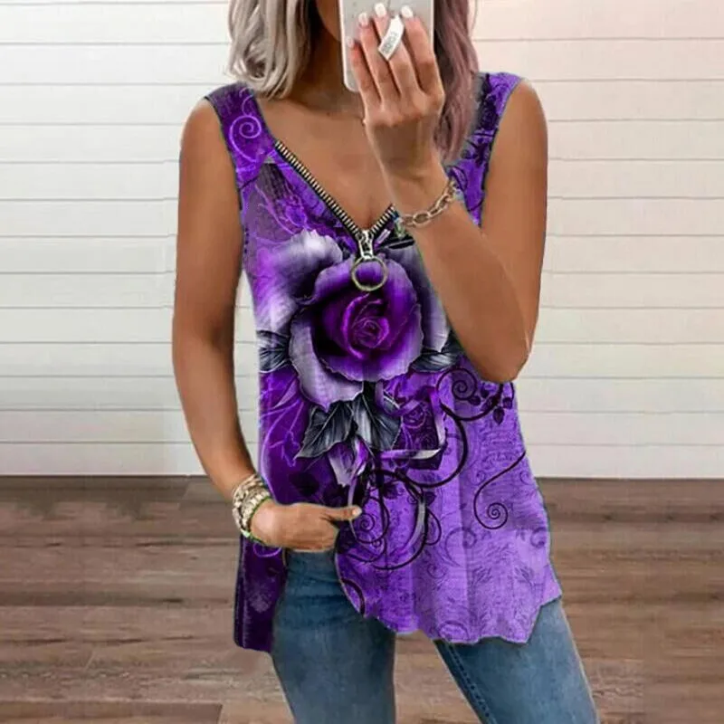 V Neck ZipperWomen Summer Tops Vest Loose Casual Sleeveless Plus Size Rose Print Tee Shirts Femme Printed Tops Pullovers
V Neck ZipperWomen Summer Tops Vest Loose Casual Sleeveless Plus Size Rose Print Tee Shirts Femme Printed Tops Pullovers