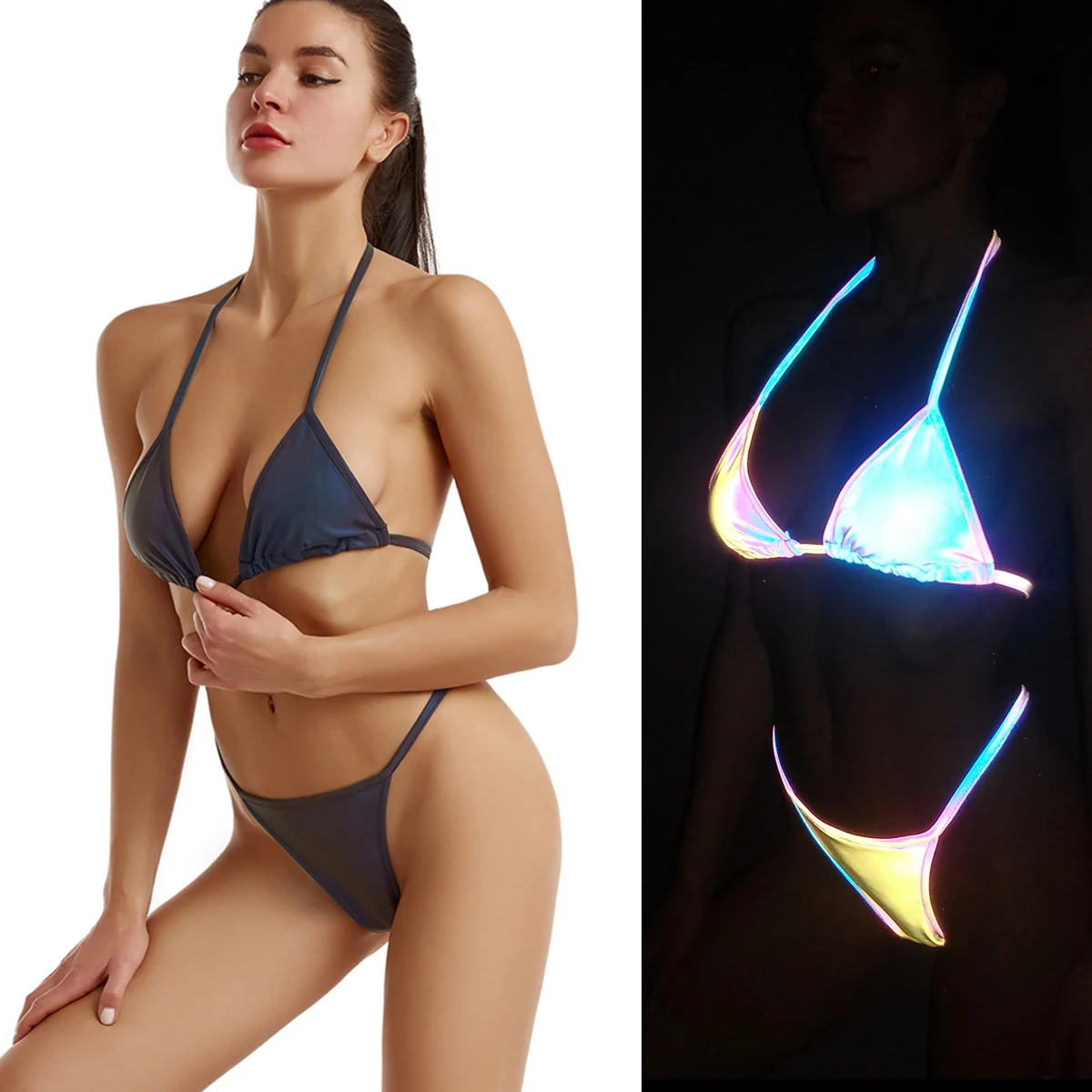 

2021 Sexy Bikinis Women Swimsuits Mujer Tanga Reflective Party Thong Bathing Swiming Suit Push Up Two Piece Swimwear Beach Dress