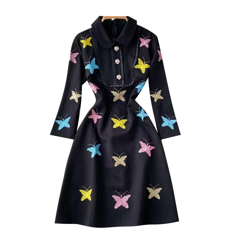 New Spring Autumn Women Peter pan Collar Long Sleeve Slim Mini Dress High Quality Colorful Butterflies Embroidery Black Dress
New Spring Autumn Women Peter pan Collar Long Sleeve Slim Mini Dress High Quality Colorful Butterflies Embroidery Black Dress