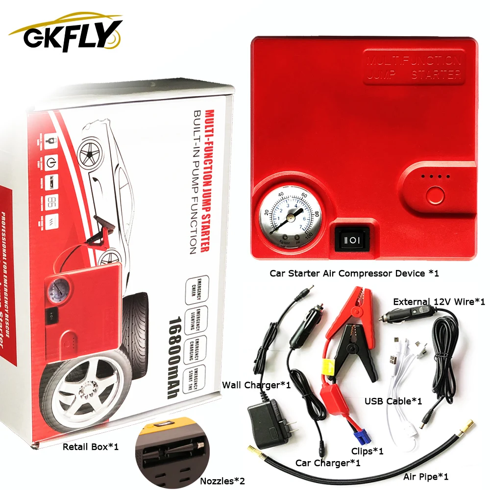 GKFLY High Power 16800mAh Car Jump Starter Air Compressor 12V Starting Device Power Bank Car Charger For Car Battery Booster LED
GKFLY High Power 16800mAh Car Jump Starter Air Compressor 12V Starting Device Power Bank Car Charger For Car Battery Booster LED
