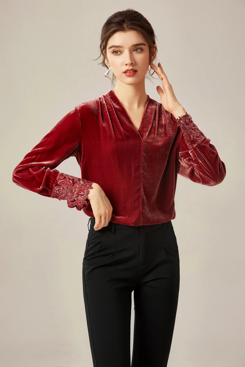 100% Silk Women's Shirt Sexy V Neck Long Sleeves Embroidery Ruched Fashion Elegant Velour Natural Silk Blouse Tops
100% Silk Women's Shirt Sexy V Neck Long Sleeves Embroidery Ruched Fashion Elegant Velour Natural Silk Blouse Tops