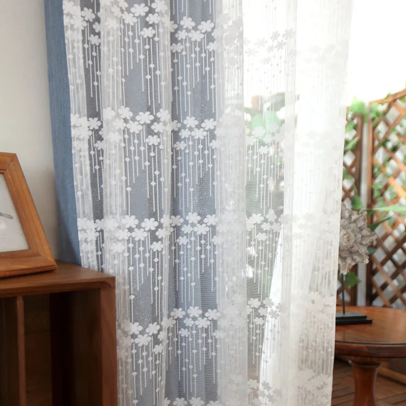 

Korean Embroidered Lace Tulle Warp Knitted White Finished Translucent Customized Partition Tulle for Living Dining Room Bedroom