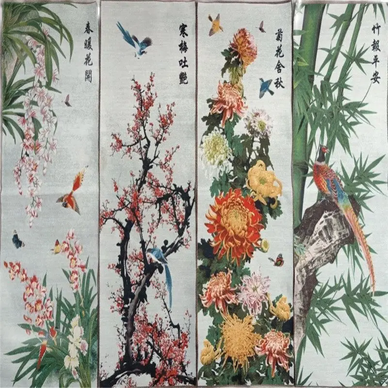 Hand embroidered (plum, orchid, bamboo and chrysanthemum) Thangka decorative painting hanging in living room
Hand embroidered (plum, orchid, bamboo and chrysanthemum) Thangka decorative painting hanging in living room