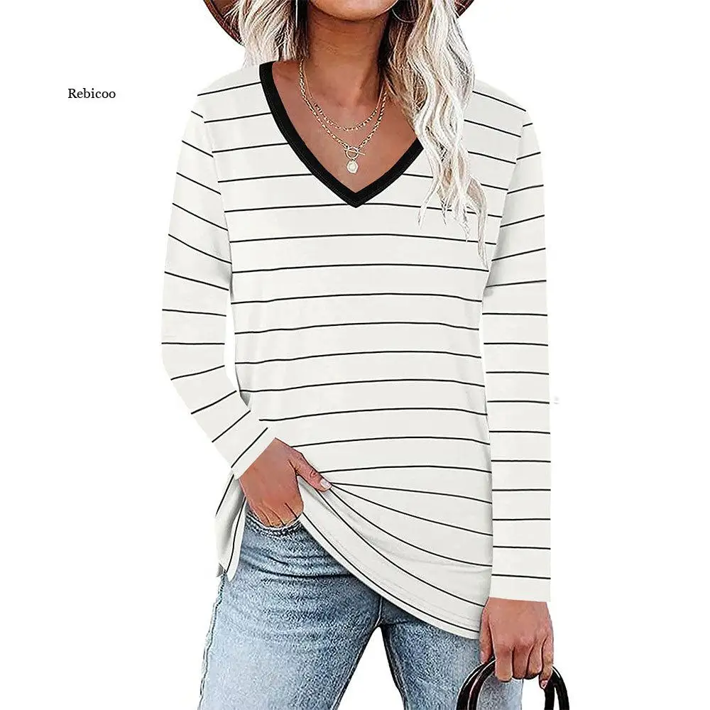 Spring and Autumn T-Shirt Women Fashion Casual Loose V-Neck Stripe Cotton Long Sleeve Tops Plus Size Pullover Tee
Spring and Autumn T-Shirt Women Fashion Casual Loose V-Neck Stripe Cotton Long Sleeve Tops Plus Size Pullover Tee