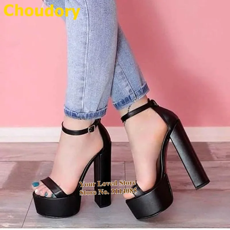 

Choudory Black Matte Leather Chunky Heels Buckle Strap High Heel Sandals Platform Concise Banquet Shoes Size47 Dropship Pumps