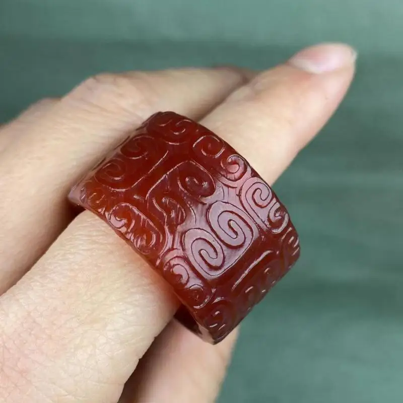 

Кольцо для большого пальца из натурального красного агата, мужское лечебное ювелирное изделие ручной работы, изысканный узор, кольца из неф...