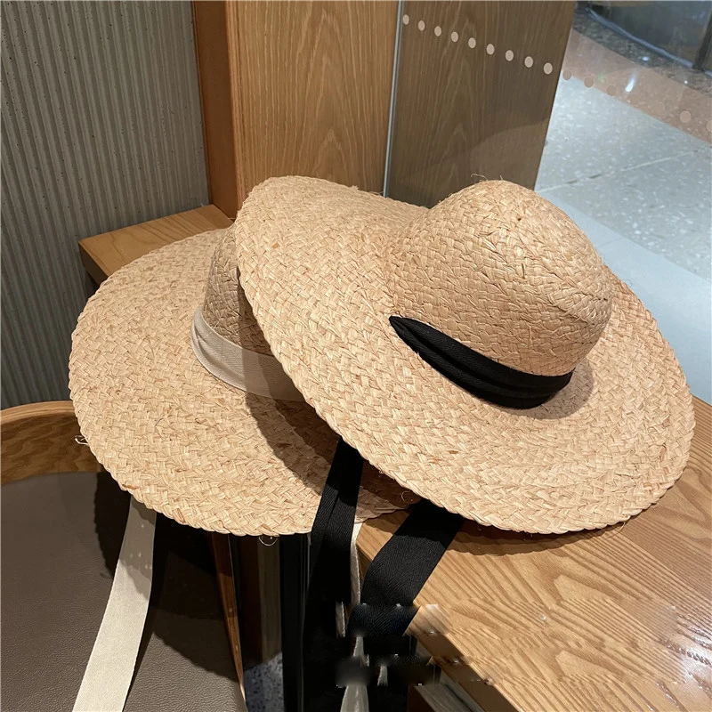 

Elegant Natural Hand-woven Raffia Ribbon Dome Wide Brim Straw Hat For Women Summer Beach Vacation Leisure Sun Hats Chapeu Cape