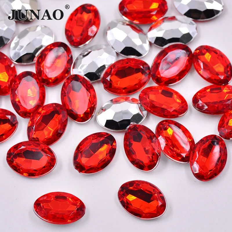 

JUNAO 300pcs 10*14mm Red Color Oval Shape Pointback Crystal Rhinestones Applique Acrylic Gems Non Sew Strass for Clothes Crafts