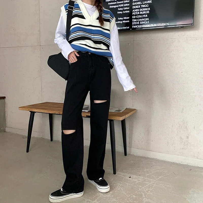 Women'S High-Waisted Straight-Leg Jeans with Roll-Up Edges, Black Ripped Wide-Leg Pants, Floor Pants, Black
Women'S High-Waisted Straight-Leg Jeans with Roll-Up Edges, Black Ripped Wide-Leg Pants, Floor Pants, Black
