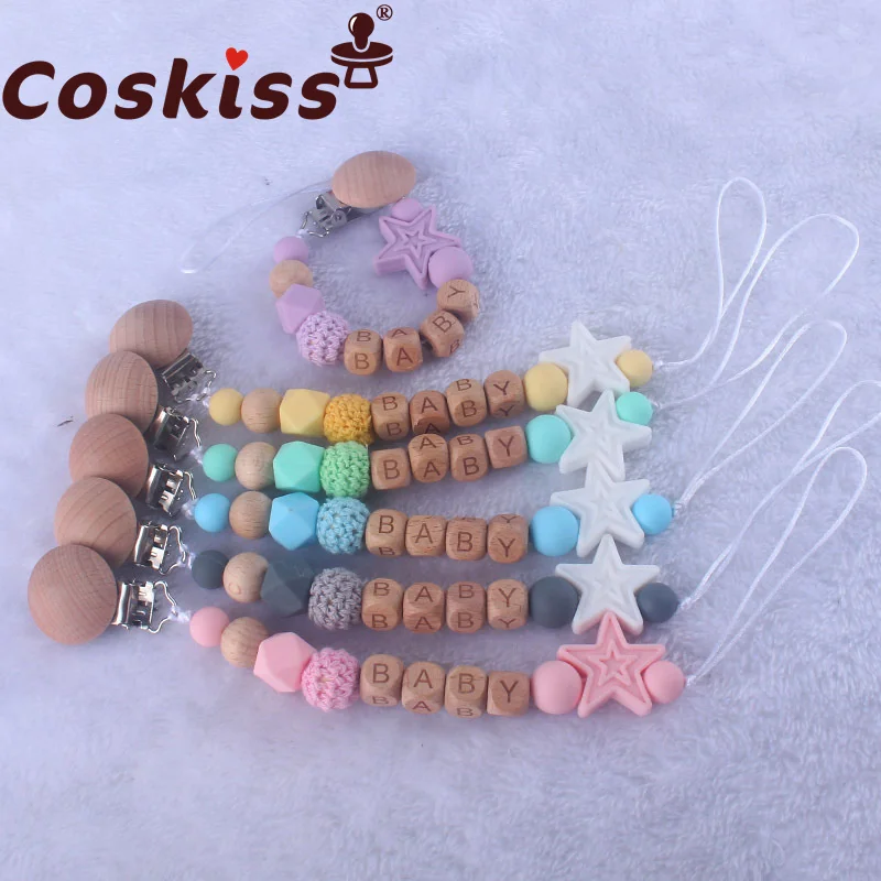 Coskiss New Baby Nipple Chain Clip Toys Baby Pacifier Beech Wooden Letter Five-pointed Star Beads Silicone Pacifier Chain
Coskiss New Baby Nipple Chain Clip Toys Baby Pacifier Beech Wooden Letter Five-pointed Star Beads Silicone Pacifier Chain