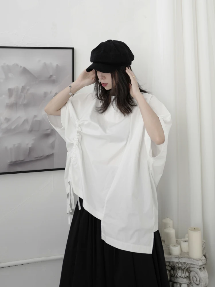 Women's Short Sleeve Shirt Summer New Pullover Casual Drawstring Loose Japanese Asymmetric Short Sleeve Shirt Trend 
Women's Short Sleeve Shirt Summer New Pullover Casual Drawstring Loose Japanese Asymmetric Short Sleeve Shirt Trend
