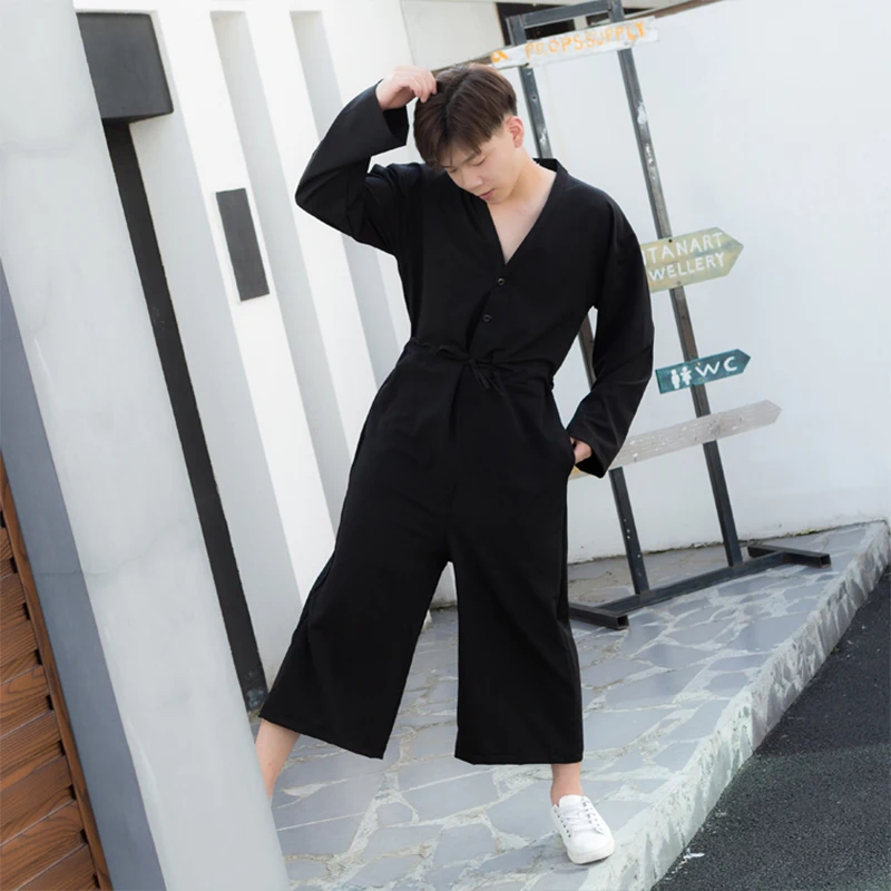 

Korean version of the spring and summer men's nine-point pants wide-leg pants loose 9-point overalls jumpsuits V-neck hip-hop sk