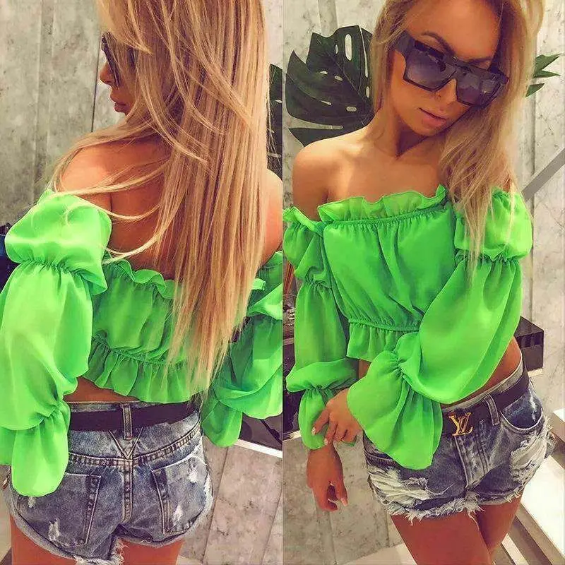 Summer Off Shoulder Ruffle Women Crop Tops Blouses Casual Long Puff Sleeve Bare Belly Shirt Fashion Lady Slash Neck Chiffon Tops 
Summer Off Shoulder Ruffle Women Crop Tops Blouses Casual Long Puff Sleeve Bare Belly Shirt Fashion Lady Slash Neck Chiffon Tops