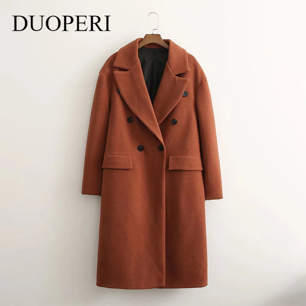 DUOPERI Women Fashion Caramel Color Double Breasted Long Coat Vintage Lapel Collar Long Sleeves Female Winter Warm Outwear 
DUOPERI Women Fashion Caramel Color Double Breasted Long Coat Vintage Lapel Collar Long Sleeves Female Winter Warm Outwear