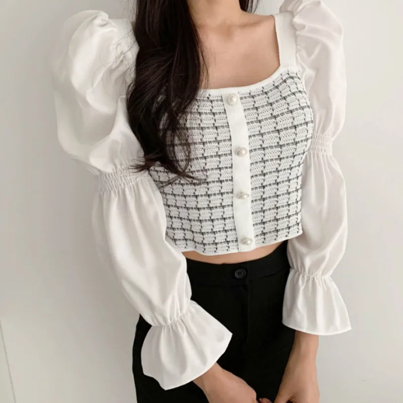 New Women Elegant Chiffon Puff Sleeve Patchwork Knitted Casual Blouse Ladies Chic Square Collar Feminina Shirt Tops
New Women Elegant Chiffon Puff Sleeve Patchwork Knitted Casual Blouse Ladies Chic Square Collar Feminina Shirt Tops