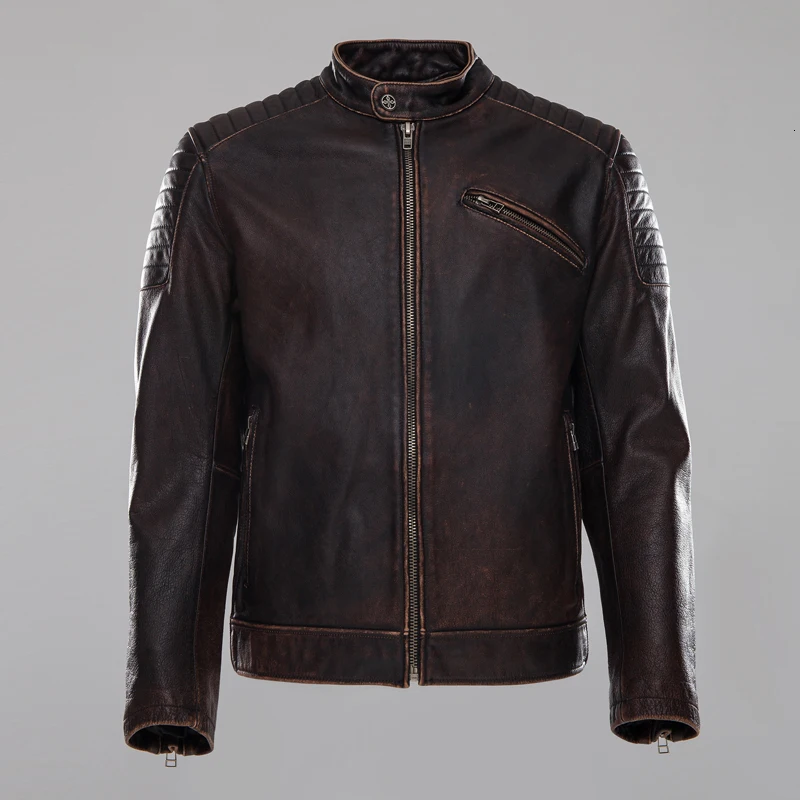 

Мужская винтажная байкерская куртка, коричневая короткая байкерская куртка из натуральной воловьей кожи, пальто для зимы, 2020