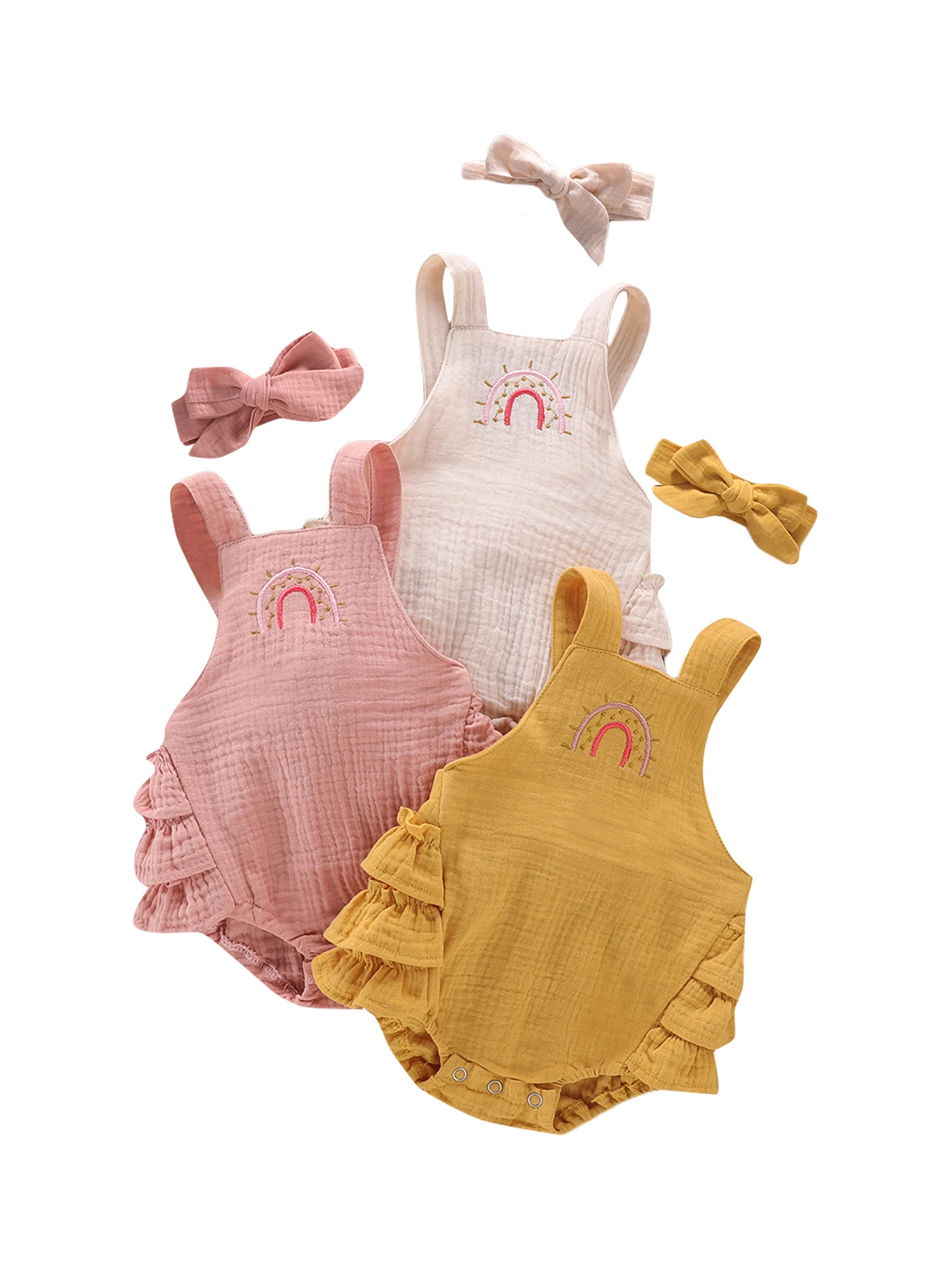 Newborn Baby Girls Summer Clothes Rainbow Print Cartoon Embroidery Strap Ruffle Casual Romper with Bow Headband 2Pcs Outfits Set
Newborn Baby Girls Summer Clothes Rainbow Print Cartoon Embroidery Strap Ruffle Casual Romper with Bow Headband 2Pcs Outfits Set