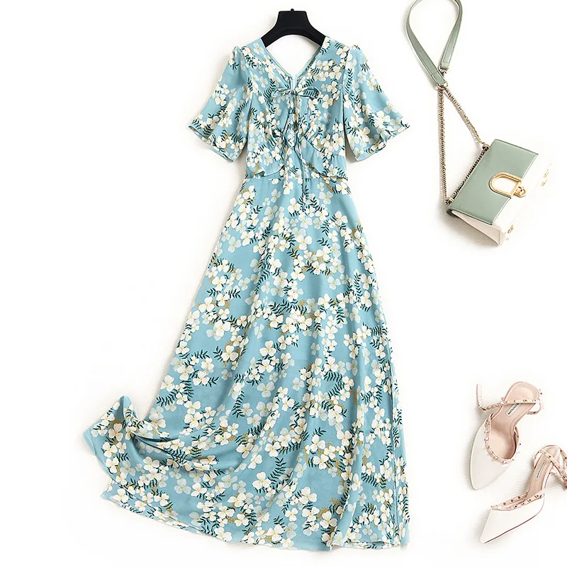 2021 Summer V-Neck Bow Tie Temperament Elegant Short Sleeves Stitching Ruffles Floral Printed Long Chiffon Dress Women 
2021 Summer V-Neck Bow Tie Temperament Elegant Short Sleeves Stitching Ruffles Floral Printed Long Chiffon Dress Women