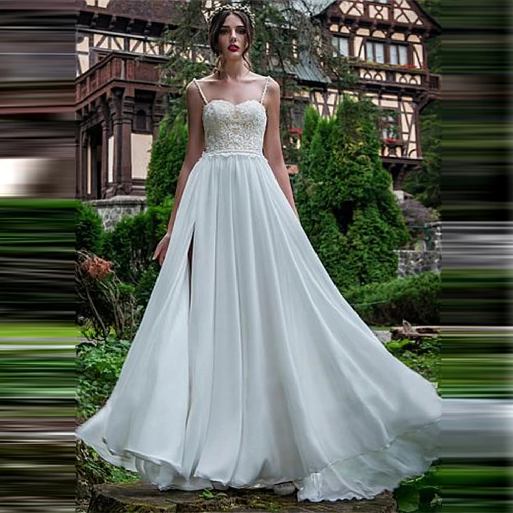 Sexy Spaghetti Strips Lace Appliques A-Line Chiffon Long Wedding Dresses Split Side Bridal Gowns Custom Made Formal
Sexy Spaghetti Strips Lace Appliques A-Line Chiffon Long Wedding Dresses Split Side Bridal Gowns Custom Made Formal