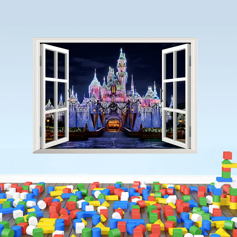 

Under Starry Sky The Castle Fake Window Vinyl Stickers Night View 3d Wall Art Mural Home Decoration Landscape Wallpaper