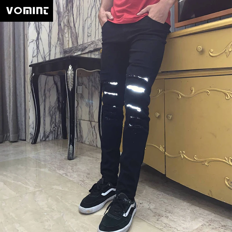 Мужские Светоотражающие джинсы VOMINT повседневные облегающие черные брюки из