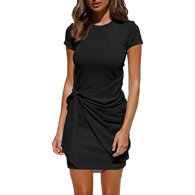 

Dress 2021 Plain Casual Dresses Round Neck Basic Fitted Short Sleeve Dress Knot Front