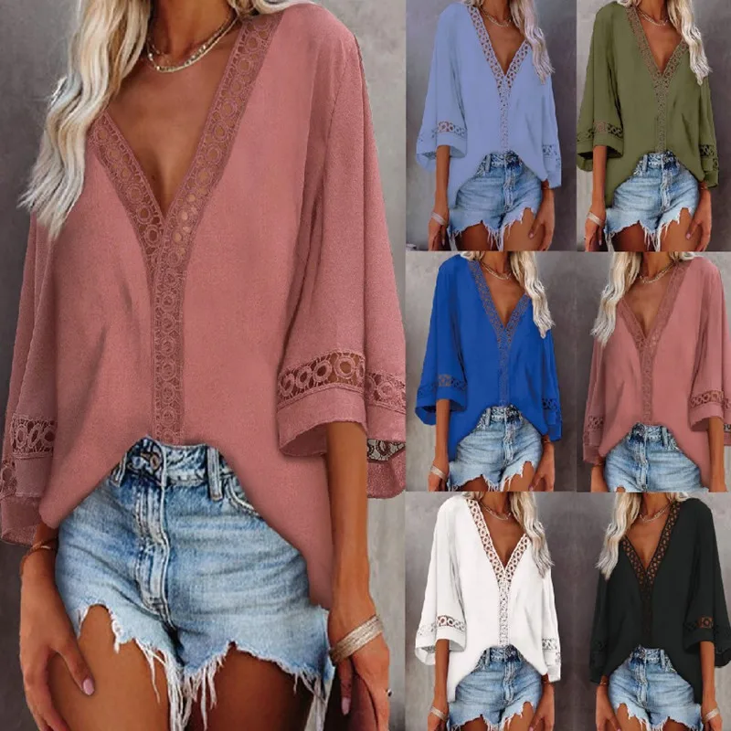 Summer Women's Blouse White Tops Loose Flared Sleeves Blouses V-Neck Hollow Lace Stitching Shirt Female Blusas Mujer
Summer Women's Blouse White Tops Loose Flared Sleeves Blouses V-Neck Hollow Lace Stitching Shirt Female Blusas Mujer