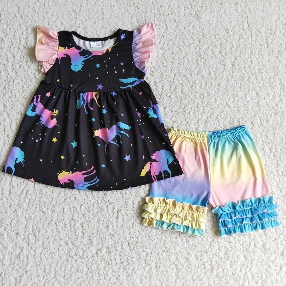 

RTS Summer Baby Children Girls Flutter Sleeve Colorful Cartoon Print Tye Dye Rainbow Icing Shorts Kids Peals Tunic Girls Outfit