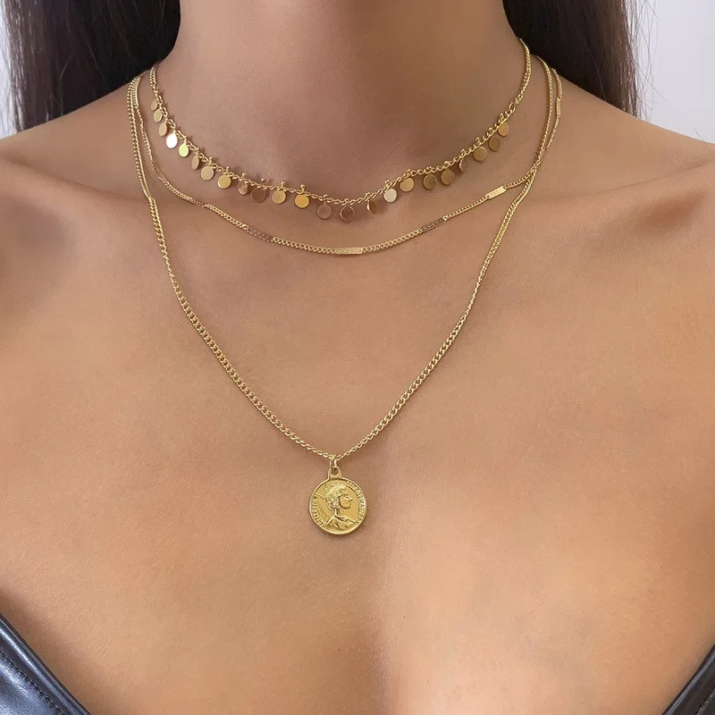 Trendy Multi Layered Circle Sequined Tassel Chokers Necklace for Women Metal Head Portrait Coin Pendant Necklace Punk Jewelry
Trendy Multi Layered Circle Sequined Tassel Chokers Necklace for Women Metal Head Portrait Coin Pendant Necklace Punk Jewelry