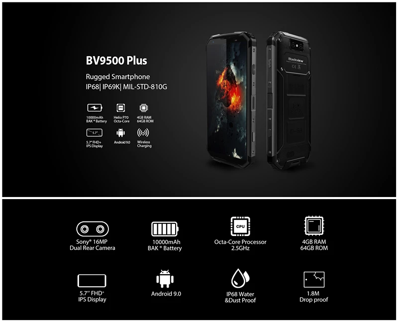 Мобильный телефон Blackview BV9500 Plus Android 9 0 Восьмиядерный 5 7 дюйма Helio P70 4 Гб ОЗУ 64 ПЗУ IP68
