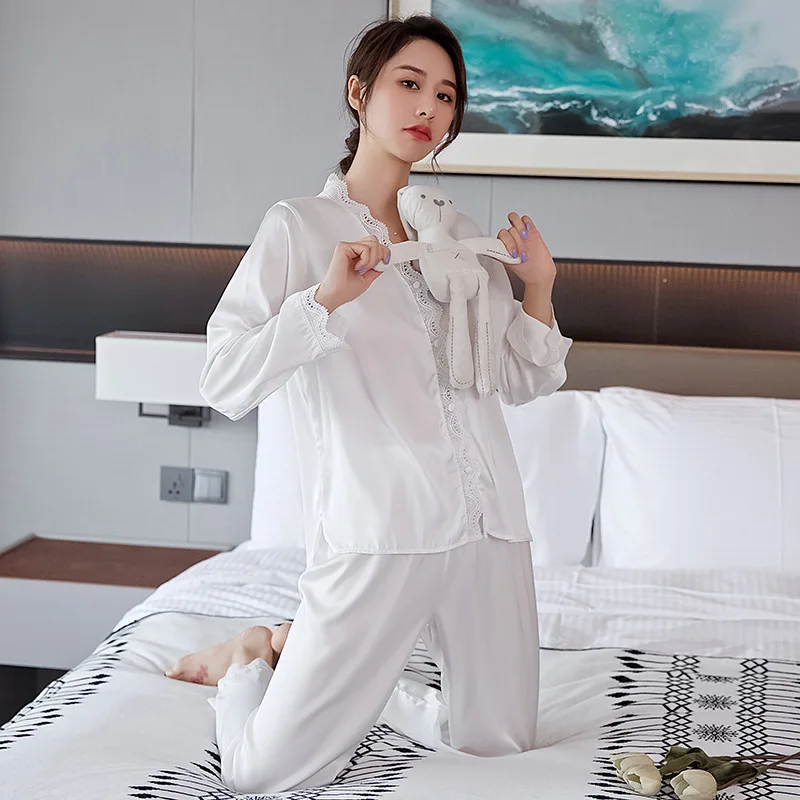Pajamas Women Sleepwear Sexy Patchwork Lace Trim Nightwear 2PCS Shirt&pant Casual Loose Sleep Set Silky Satin Bathrobe Homewear
Pajamas Women Sleepwear Sexy Patchwork Lace Trim Nightwear 2PCS Shirt&pant Casual Loose Sleep Set Silky Satin Bathrobe Homewear