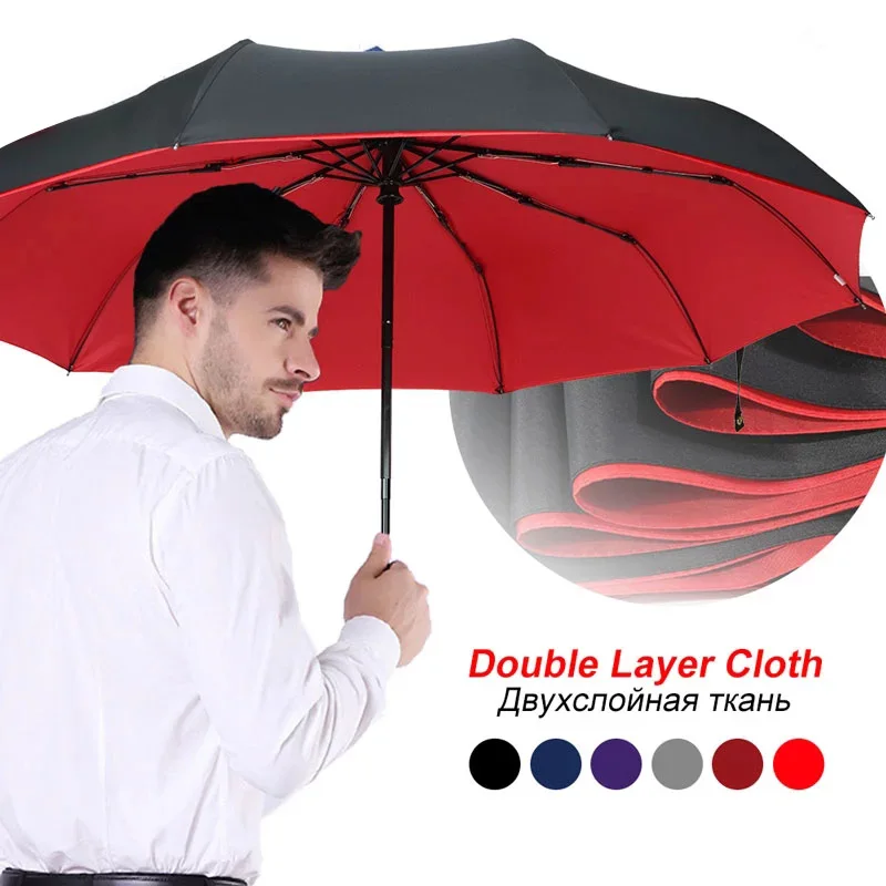 

Двойной зонт автоматический, с защитой от дождя и ветра, складывается в 3 раза, с 10 прутьями, большие люксовые деловые зонтики, для мужчин и же...