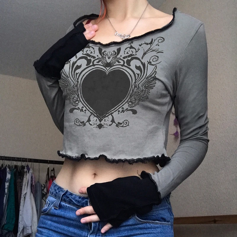 

2021 E-girl Cute Harajuku Heart Printed Women T-shirts Gothic Lettuce Hem Grunge Grey Cropped Tops Autumn Streetwear Tees Shirt