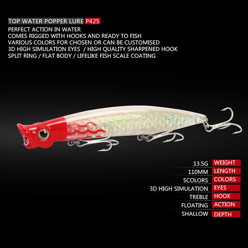 Popper Fishing Lure 13.5g 11cm Fishing Lure With Hook Hard Artificial Bass Bait 3D Eyes Plastic Wobblers Trout Fishing Tackle
Popper Fishing Lure 13.5g 11cm Fishing Lure With Hook Hard Artificial Bass Bait 3D Eyes Plastic Wobblers Trout Fishing Tackle