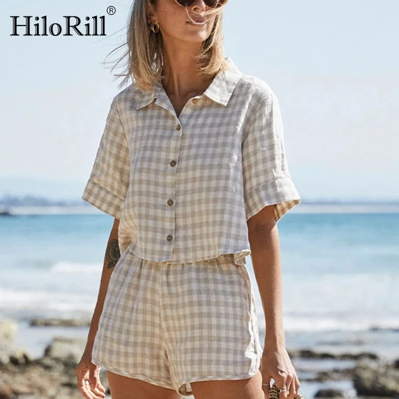 HiloRill Fashion Plaid 2 Piece Set Women Turn Down Collar Blouse Top With Elastic Waist Shorts Holiday Casual Two Piece Outfits
HiloRill Fashion Plaid 2 Piece Set Women Turn Down Collar Blouse Top With Elastic Waist Shorts Holiday Casual Two Piece Outfits