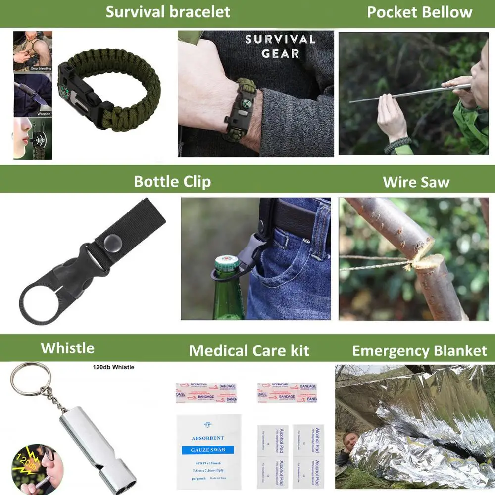 2021 Survival gear military tactical gear camping equipment outdoor travel kit set survival tool with bracelet First Aid fishing
2021 Survival gear military tactical gear camping equipment outdoor travel kit set survival tool with bracelet First Aid fishing