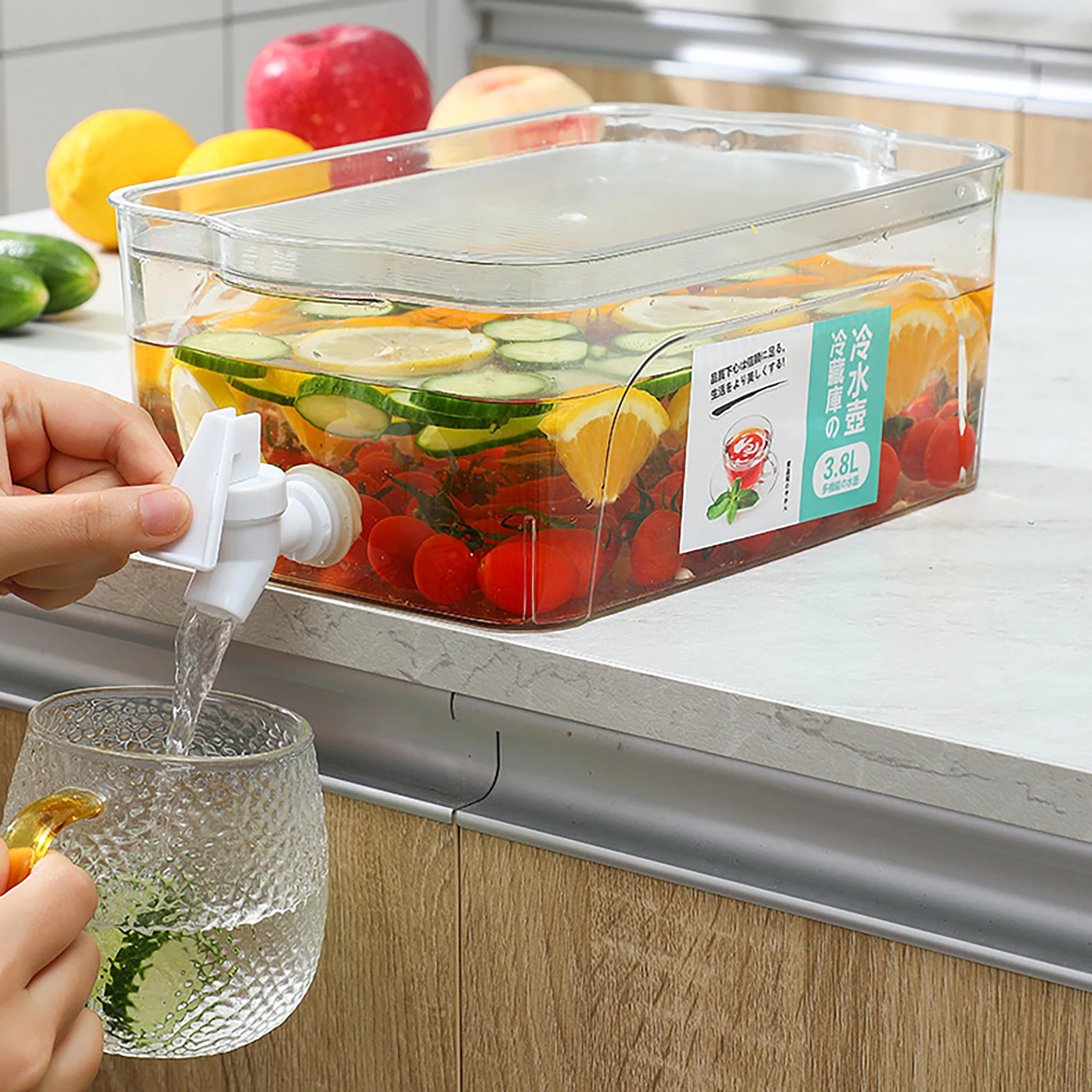 

Beverage Dispenser 3.8L Plastic Transparent Water Drink Pitcher Box with Faucet Storage Tray Leak Proof Kettle