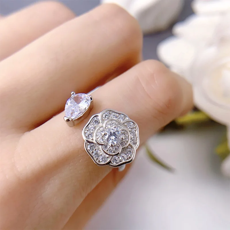 Solid 925 Sterling Silver Camellia Flower Open Ring with Waterdrop Zircon Rose Small Flower Silver Ring for Women Party Wedding
Solid 925 Sterling Silver Camellia Flower Open Ring with Waterdrop Zircon Rose Small Flower Silver Ring for Women Party Wedding