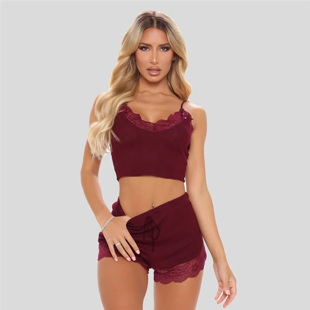 Lace Spaghetti Strap Womens Sleepwear Sets Solid Color Sexy Womens Home Clothes Fashion Two Pieces Set for Women
Lace Spaghetti Strap Womens Sleepwear Sets Solid Color Sexy Womens Home Clothes Fashion Two Pieces Set for Women