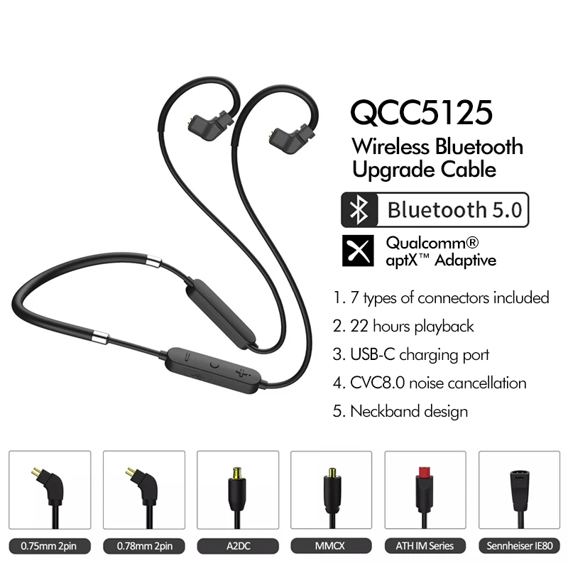 

aptX HD Adaptive Bluetooth Upgrade Cable 2022 TWS Earbuds Neckband QDC/MMCX/2Pin Connector with Mic Noise Cancel KZ ZS10 PRO ZSN