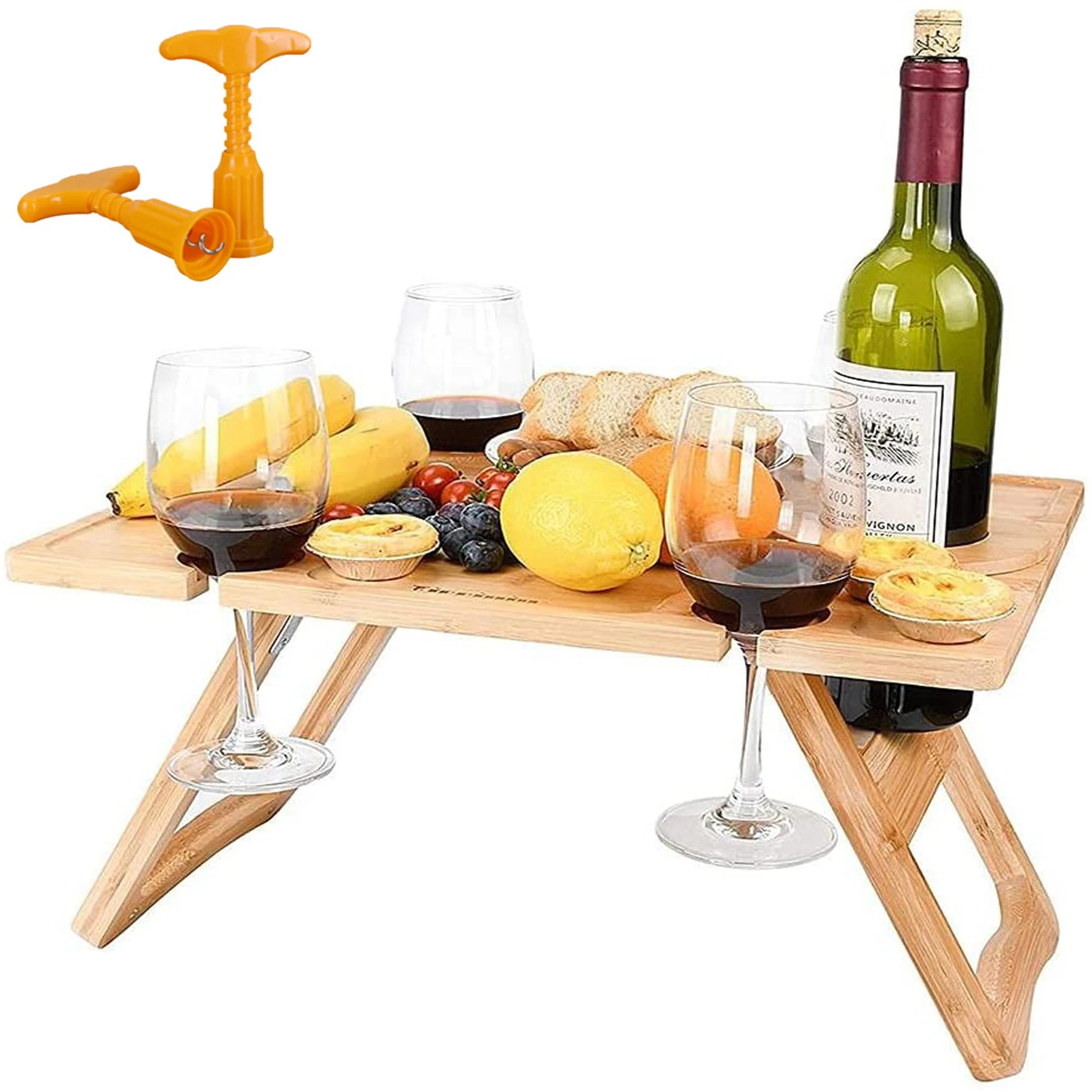 Portable Wood Folding Picnic Table Cheese Tray with Stable Food Arrangement Soild Wood Wine Glass Table with 2PCS Wine Corkscrew
Portable Wood Folding Picnic Table Cheese Tray with Stable Food Arrangement Soild Wood Wine Glass Table with 2PCS Wine Corkscrew
