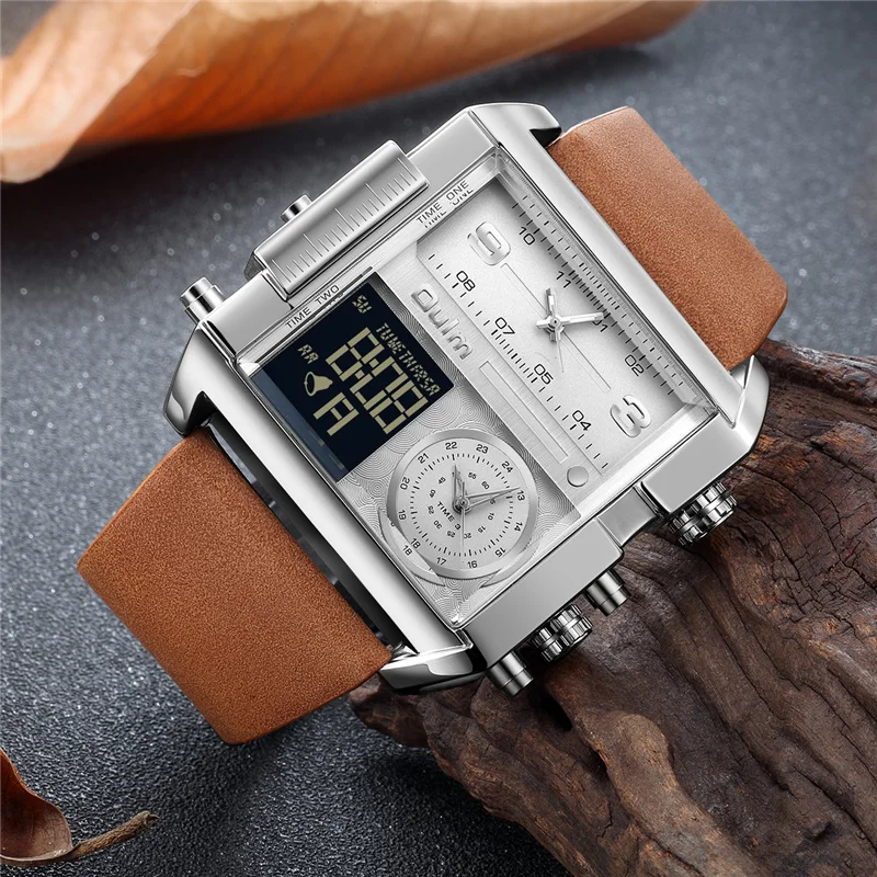 

Oulm LED Digital Watches Men Luxury Brand 3 Time Zone Quartz Big Watch 24 Hours Leather Strap Male Sport Watch Relogio Masculino