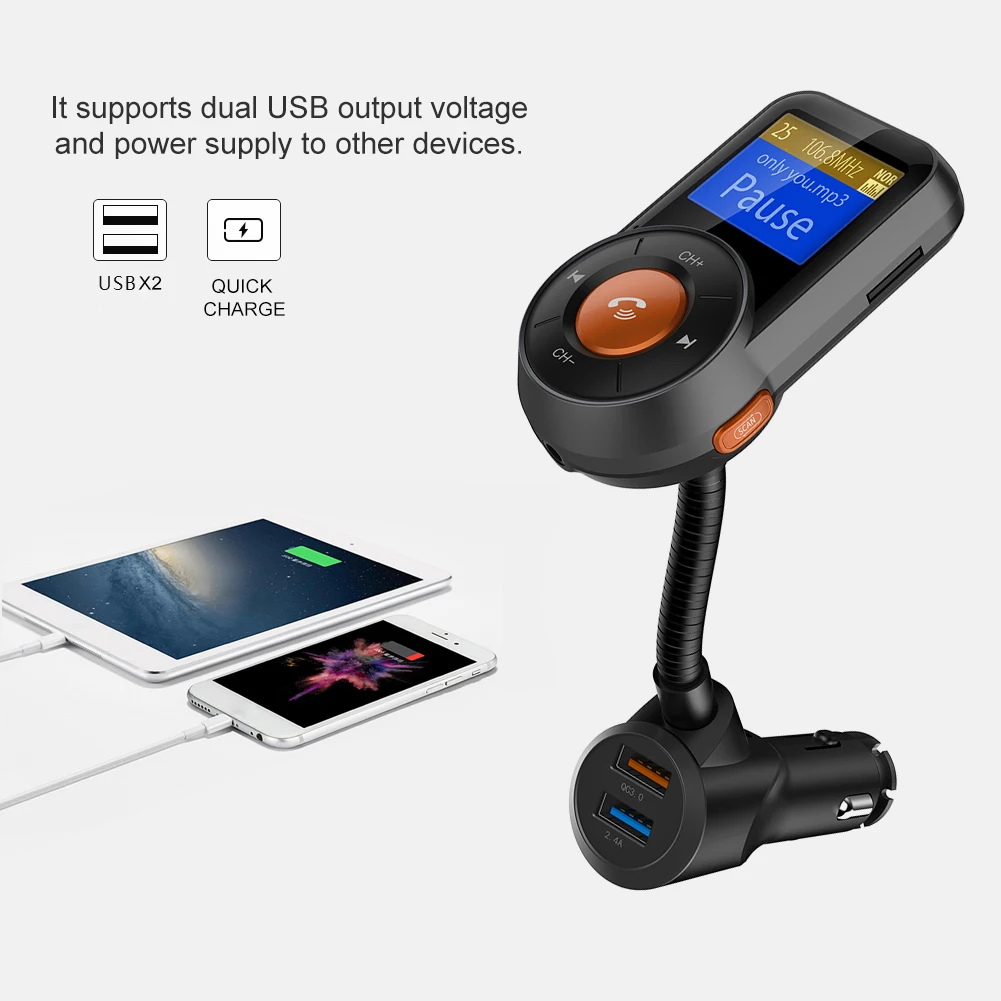 

Car Locator Dual USB Chargers FM Transmitter MP3 Radio Music Player Auto Kit 2 USB Charger with Hands-Free Calling Black