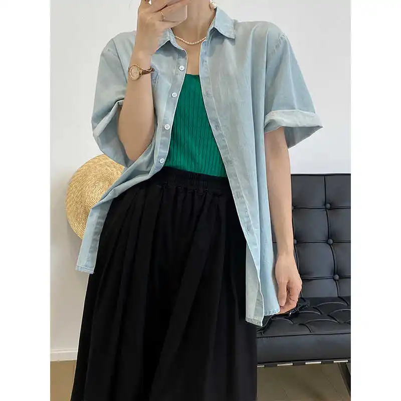 COZOK Short Sleeve Washed Jeans Short Sleeve Shirt Women's Thin 2021 Korean Summer Chic Top Coat 1959 
COZOK Short Sleeve Washed Jeans Short Sleeve Shirt Women's Thin 2021 Korean Summer Chic Top Coat 1959